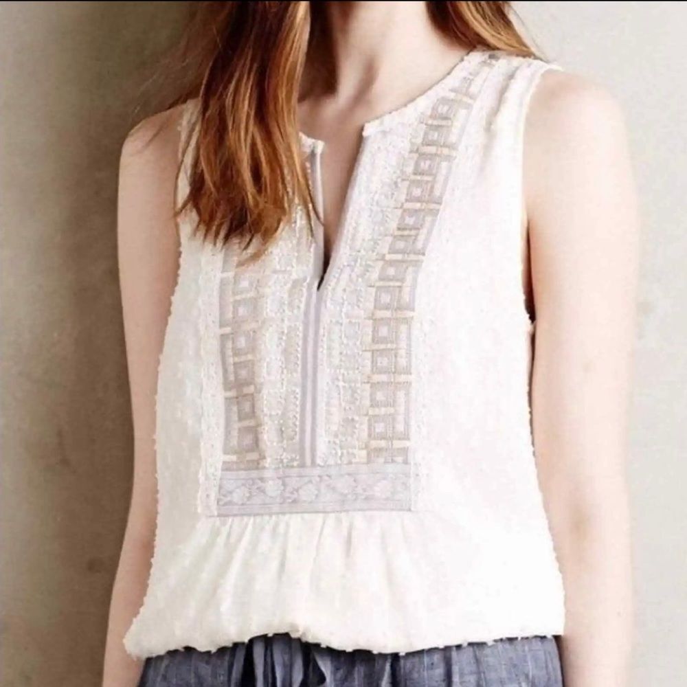 Anthropologie One September Pasto Embroidered Beaded Split Neck Blouse Petite XS